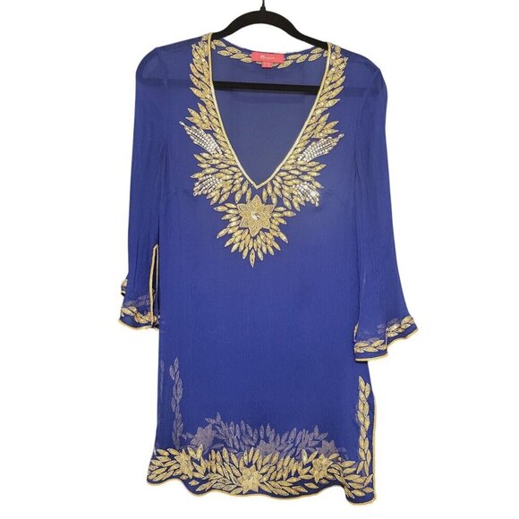 Monsoon Royal Blue & Gold Embroidered Silk Cover up Tunic Dress Size 8 M Resort - Picture 1 of 7